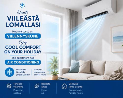a flyer of a living room with a couch and a window at Hietavilla Aurora - Hot tube - Sauna - AC - Fireplace - 11kW EV-refuel - Landscape view - Silence - Free WiFi in Ruka