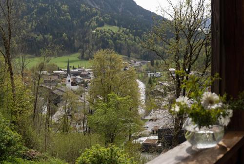 a view from a window of a town and a river at Berghaus Antonia in Mellau