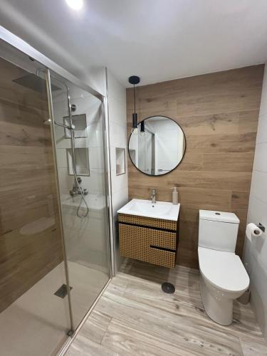 a bathroom with a toilet and a sink and a shower at El Olivo Verde 2 in Jaén