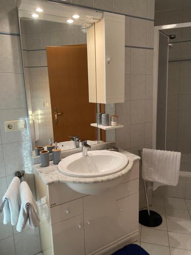 a bathroom with a sink and a mirror at Ferienwohnung Abendsonne in Schenkenfelden