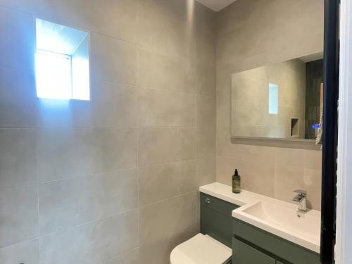 a bathroom with a toilet and a sink at Storws Tanrallt in Holyhead