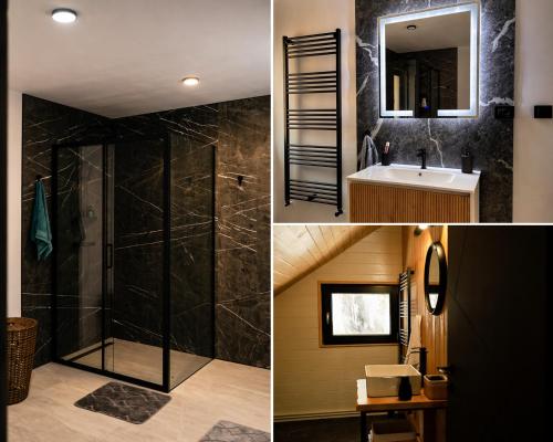 two pictures of a bathroom with a shower and a sink at The Black Barn in Frumosu