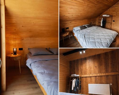 two pictures of a room with a bed and a table at The Black Barn in Frumosu