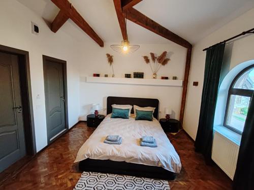 a bedroom with a bed with two pillows on it at Vintage House Apart in Buzău