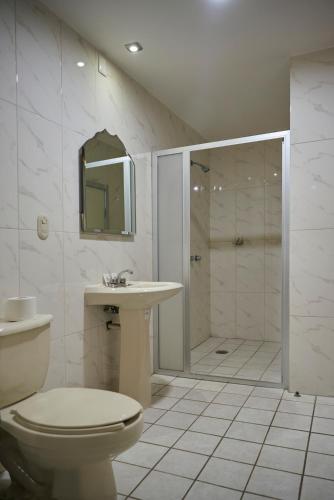 ein Badezimmer mit Toilette, Waschbecken und Dusche in der Unterkunft Hotel Real Alteño in Tepatitlán