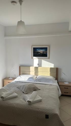 a bedroom with a bed with two towels on it at Niko's apartments 1 in Elafonisos