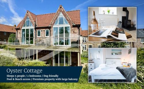 a collage of pictures of a house with windows at Pearl & Spice Hideaways - 2 two bedroom cottages nearby - Part of the The Bay Filey Holiday Village with pool, gym and direct beach access, pub, restaurant, tennis and meadows walks in Reighton