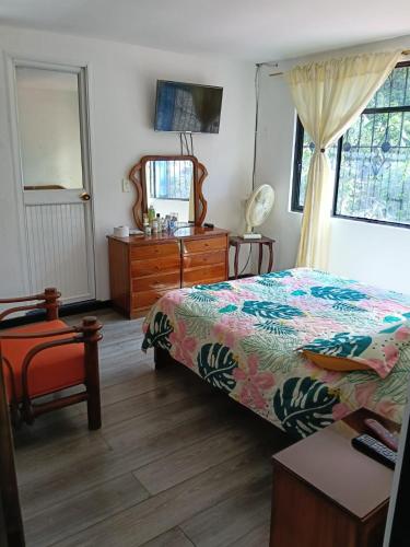 a bedroom with a bed and a dresser and a mirror at villa veronica in Sasaima