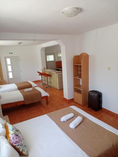 a bedroom with two beds and a living room at Casa Barry's in Tăşnad