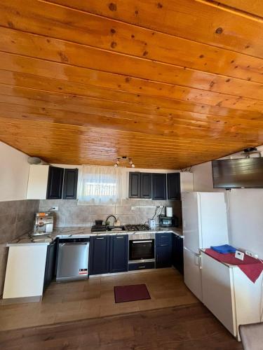 a kitchen with a wooden ceiling in a room at Pensiunea Casa OLLY in Muntele Cacovei