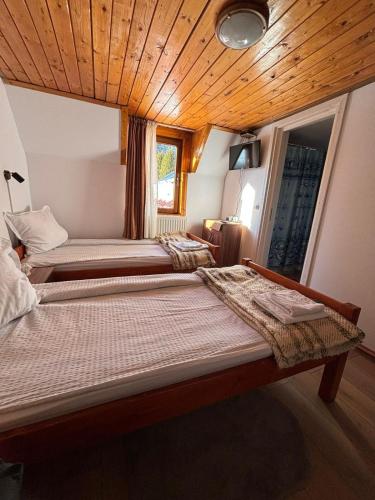 two beds in a room with a wooden ceiling at Pensiunea Casa OLLY in Muntele Cacovei