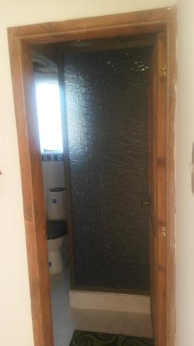a bathroom with a toilet and a glass door at Hospedaje El Mirador in Iza