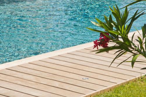 a wooden walkway next to a pool with a plant at Le Clos des Romarins in Saint-Palais-sur-Mer