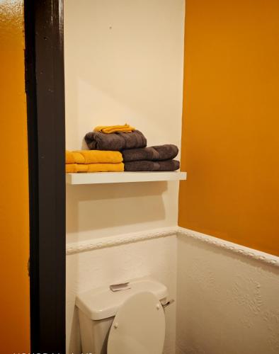 a bathroom with a toilet and towels on a shelf at Phoenix in Derry Londonderry