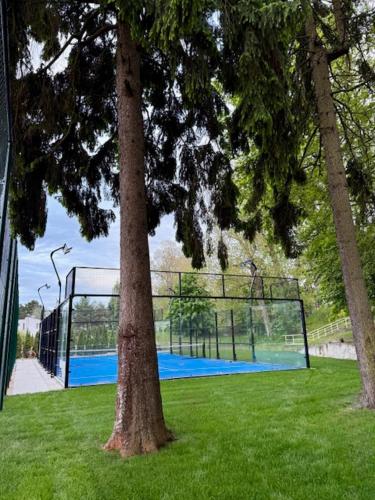 two trees in a park with a volley ball goal at Ameba Resort in Mielno