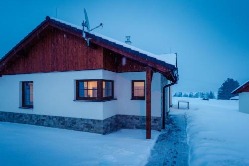 a house with a red roof in the snow at Residence Lipno in Lipno nad Vltavou