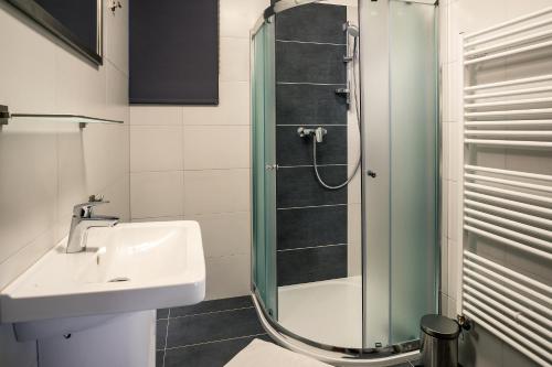 a bathroom with a sink and a glass shower at Residence Lipno in Lipno nad Vltavou