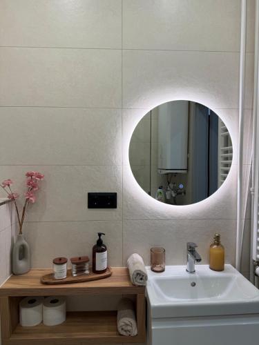 a bathroom with a sink and a mirror at Radnóti Apartman Győr in Győr