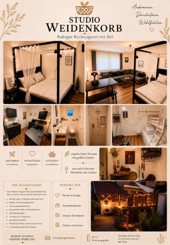 a collage of photos of a hotel room at Studio Weidenkorb in Vaihingen an der Enz
