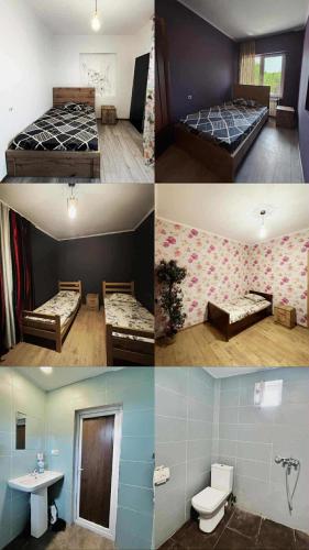 four different pictures of a bedroom with a bed and a sink at The Saguramo House in Saguramo