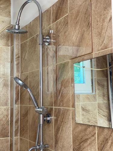 a shower with a faucet and a mirror at Zserbó lak in Kisapostag