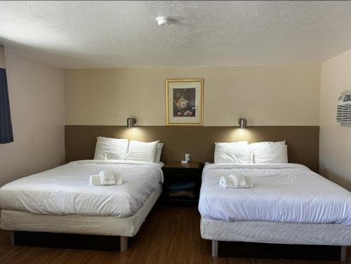 two beds in a hotel room with white sheets at JET Motor Inn - Buffalo in Buffalo