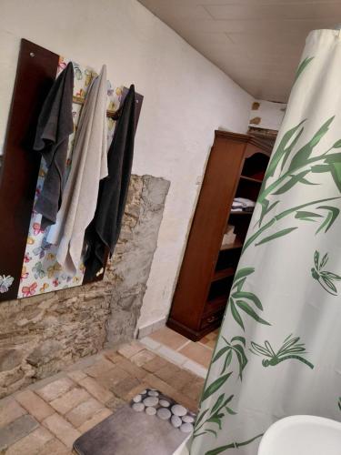 ein Badezimmer mit einem Duschvorhang in einem Zimmer in der Unterkunft Sonnenberghof in Glashütte