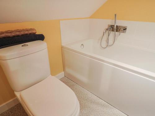 a bathroom with a white toilet and a bath tub at Pottery Barn in Branscombe
