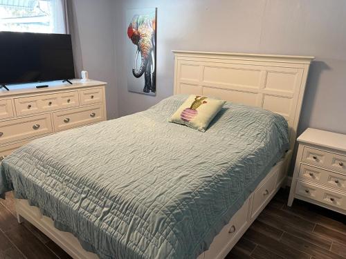 a bedroom with a bed and a flat screen tv at Artsy Oasis in Clearwater in Clearwater