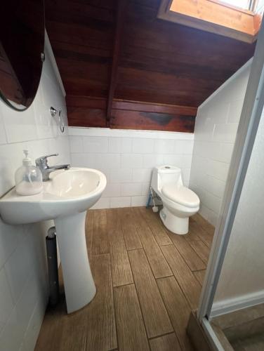 a bathroom with a sink and a toilet at ROSETTA Café & Camas in La Serena