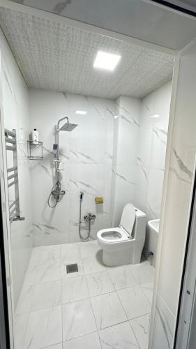 a white bathroom with a toilet and a shower at Astara Villa Kiraye in Astara
