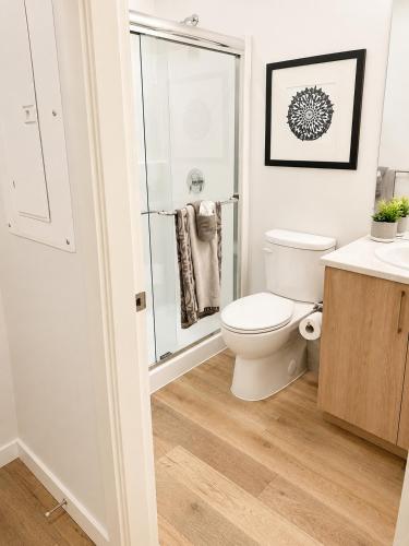 a white bathroom with a toilet and a shower at Lovely Brand New Suite in Sidney