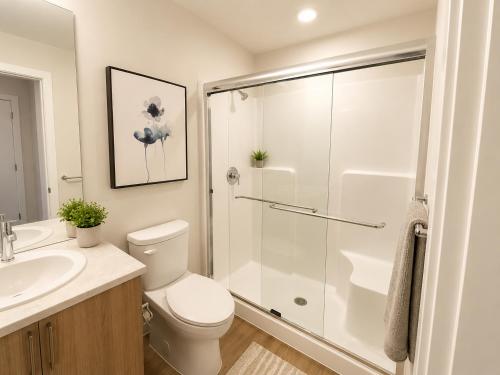 a bathroom with a shower and a toilet and a sink at Lovely Brand New Suite in Sidney