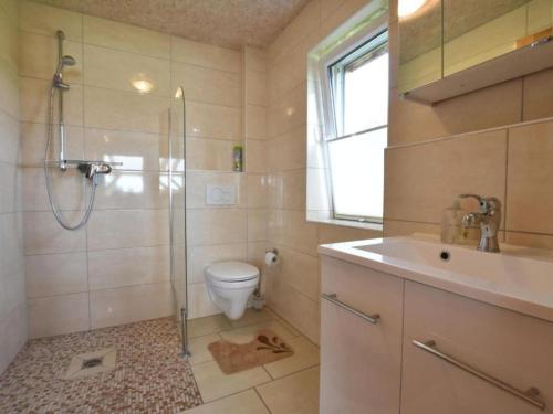 a bathroom with a shower and a toilet and a sink at Am Triensee in Rühn