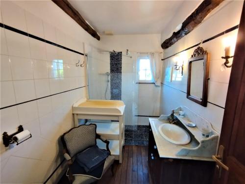 a bathroom with a sink and a mirror at La Roselière 6 couchages in Sainte-Colombe