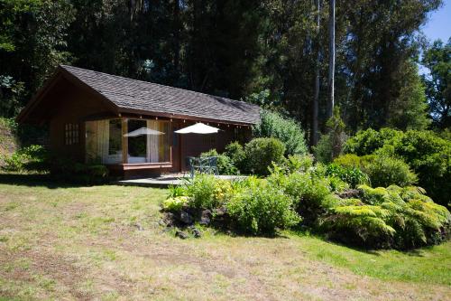 a small house in a yard with a garden at Cabañas Playa Linda in Pucón