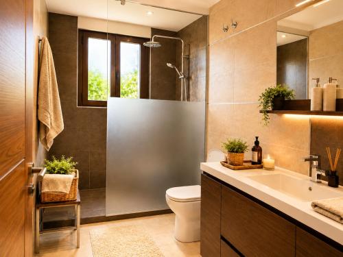 a bathroom with a shower and a toilet and a sink at Vistapeña in Piedrahita