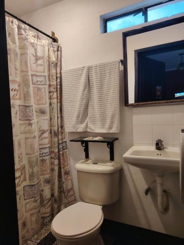 a bathroom with a toilet and a sink at Hotel Sueño Real in Panajachel