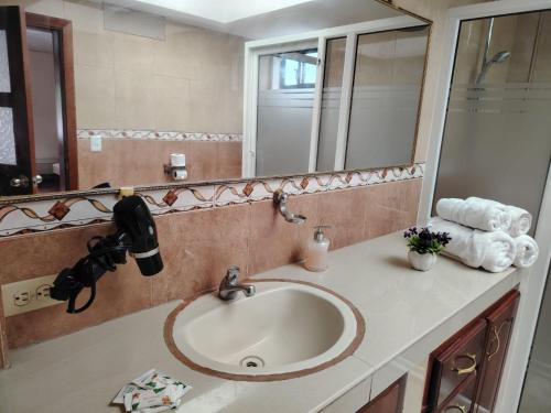 a bathroom with a sink and a mirror at Casa y Flores in Baños