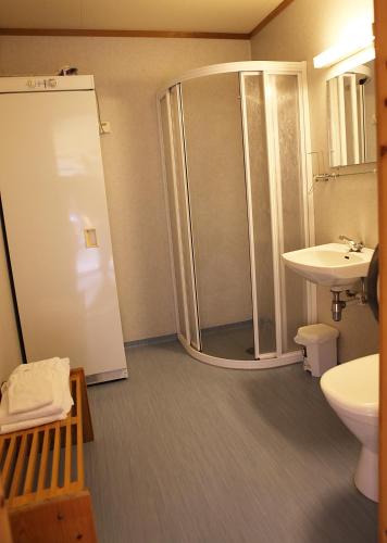 a bathroom with a shower and a toilet and a sink at Jorekstad Ferieleiligheter in Fåberg