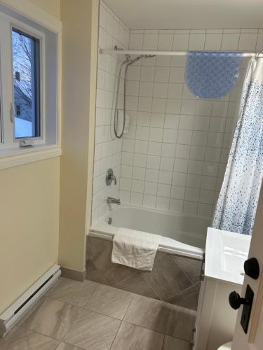 a bathroom with a tub and a sink and a shower at Gîte de la vallee in Coaticook