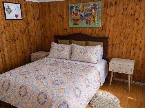 a bedroom with a bed with a wooden wall at Casa en Santiago equipada in Santiago