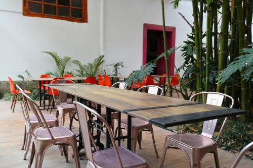 a wooden table and chairs in a room with plants at 593 Hotel Boutique Baños in Baños