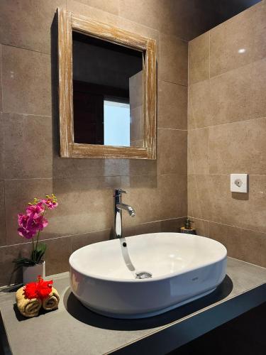 a bathroom with a white sink and a mirror at Pulu Sari Suite Ubud in Ubud