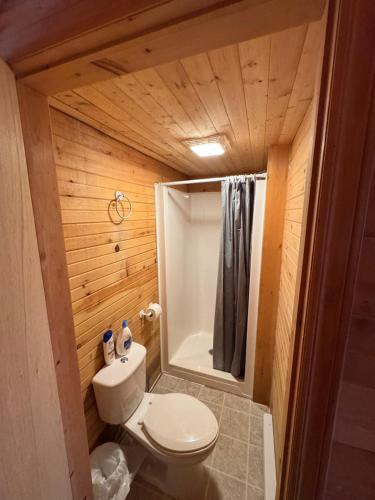 a small bathroom with a toilet and a shower at Bras D'Or Lakes Campground in Baddeck Inlet