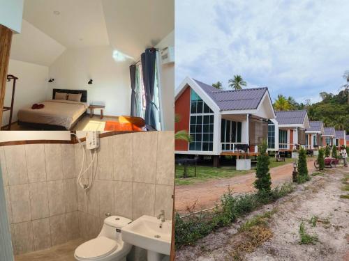 two pictures of a bedroom and a house at Koh kood Neverland beach resort in Ko Kood