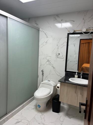 a bathroom with a toilet and a sink and a mirror at House Mei in Oruro