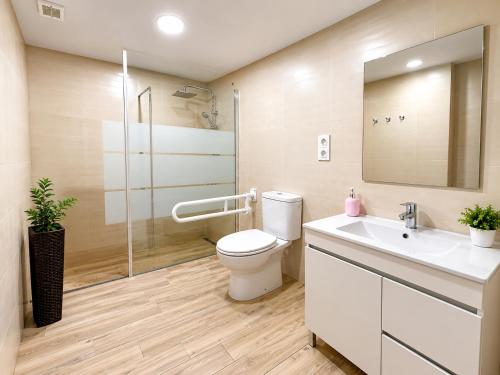 a bathroom with a toilet and a sink and a shower at Apartamentos Albeniz in Algeciras