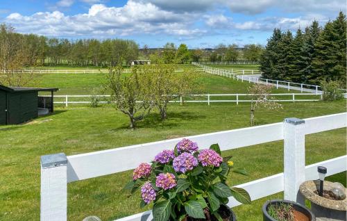a white fence with a potted plant and flowers at Gorgeous Home In Hundested With Wifi in Hundested