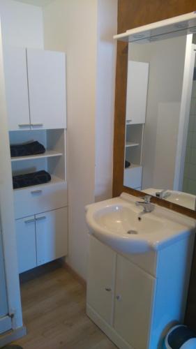 a white bathroom with a sink and a mirror at Studios à la Campagne in Neuilly-lʼÉvêque
